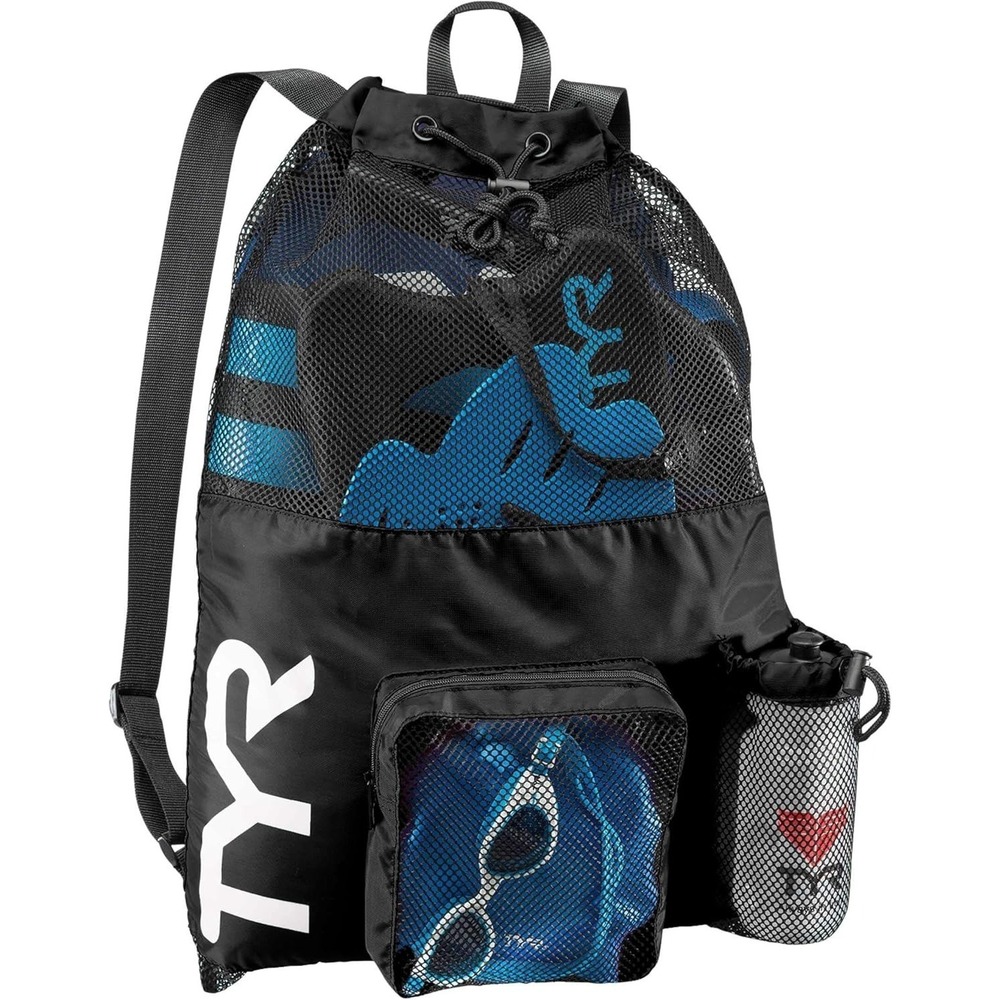 TYR Big Mesh Mummy Backpack for Swim, Gym and Workout Gear, Black, 40-Liter